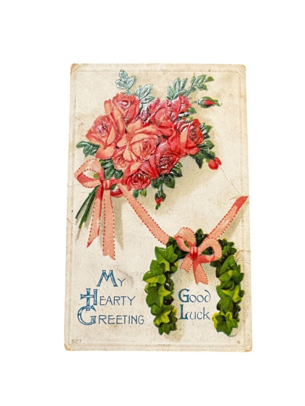 Antique 1910 Embossed Postcard Roses & Good Luck Wreath "My Hearty Greeting"